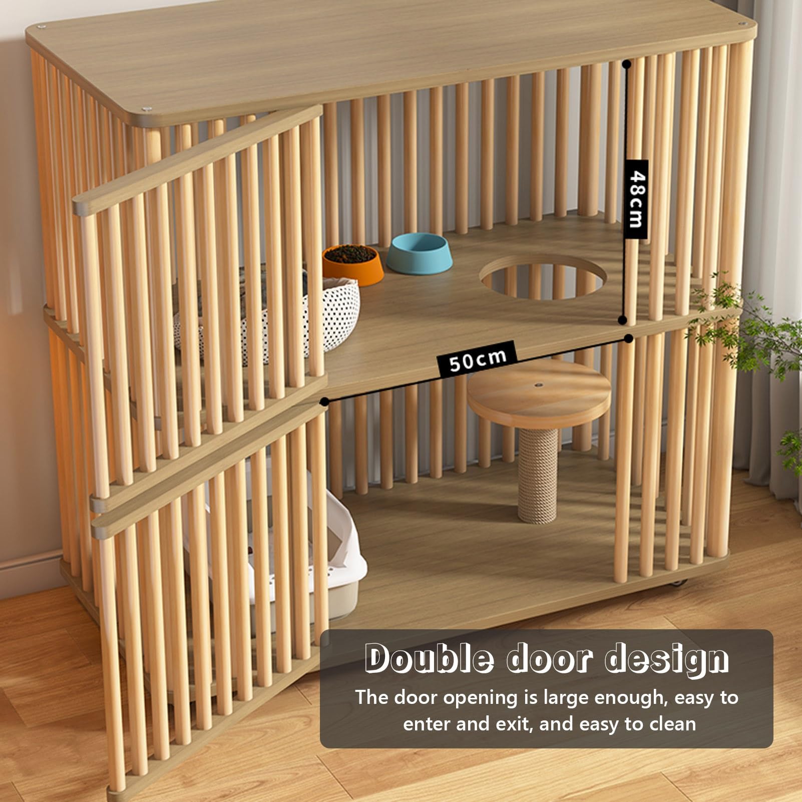 Grande Gabbia per Gatti in Legno a 2 Livelli per Interni - Spaziosa Cuccia per Gatti per 1-3 Gatti con 2 Porte - Recinto Ideale per Piccoli Animali Domestici (112x56x106 cm)