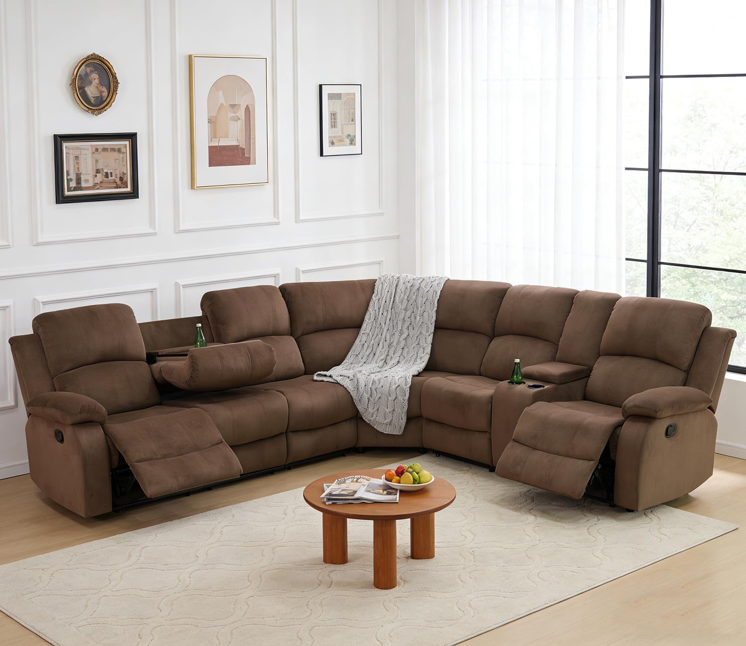 Fabric Recliner Sectional Sofa Set for Living Room Furniture Set, 6-Seat L-Shaped Corner Couch with Hidden Table/Storage Console/Cup Holders,Corduroy Sofa Set with 2 Reclining Seats(Brown)
