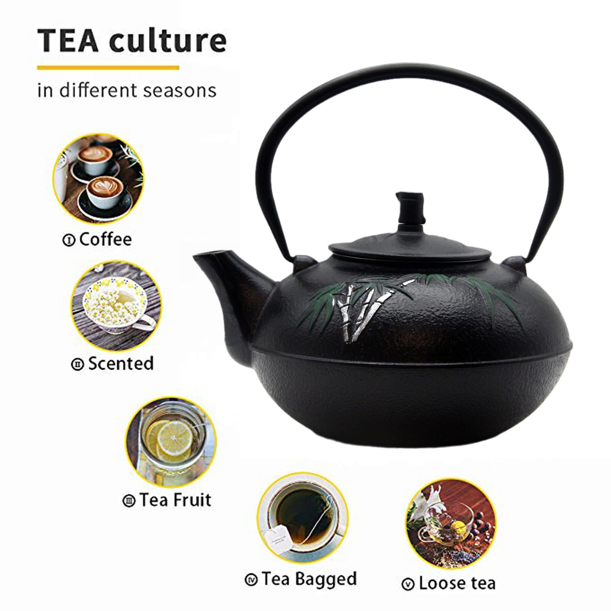 Tetera grande de hierro fundido de 2500 ml para 5 a 8 personas, tetera con infusor de acero inoxidable, tetera de hierro fundido con interior esmaltado, segura para estufa (2500 ml, tetera negra con