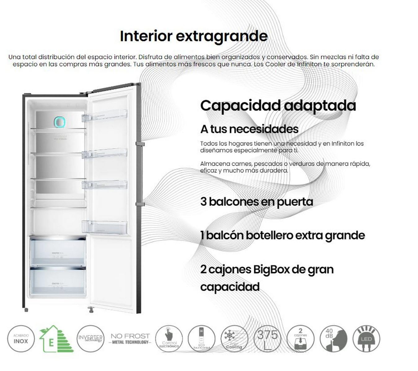 INFINITON Frigorifico Cooler CL-360L85XEN, 375 l, 185 cm de Altura, No Frost Technology, Inverter, Fast Cooling, Led Interior, Puerta reversible, Display, E, Inox