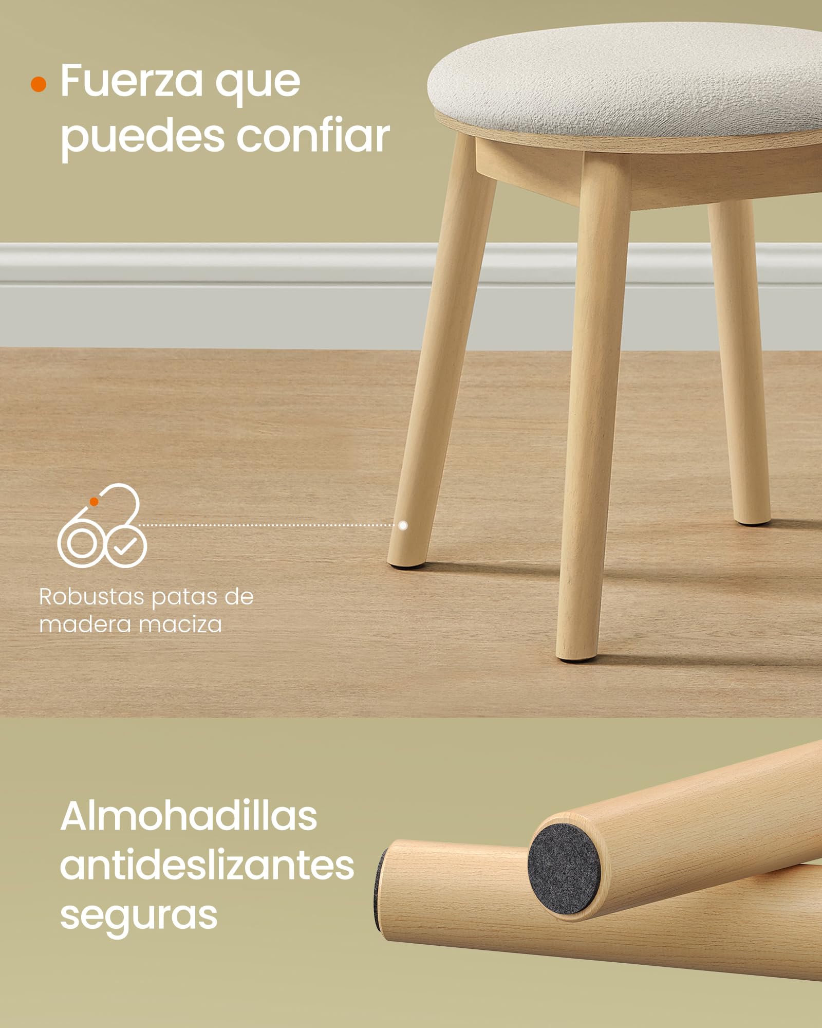 SONGMICS HOME BOHOVEN Colección - Taburete de Tocador, Taburete Tapizado con Patas de Madera Maciza, Reposapiés Redondo, Almohadillas Pies, Estilo Bohemio, para Dormitorio, Blanco Crema y Beige Roble