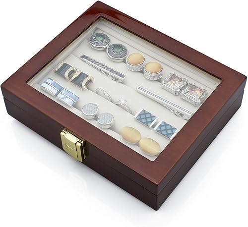 Miniatura 2 de HAWSON Joyero de madera con anillo superior de cristal, organizador de almacenamiento para hombres y mujeres