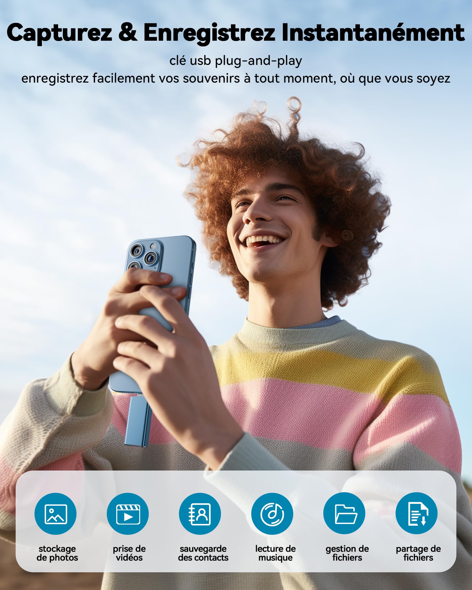 SUDEHO Clé USB iPhone MFI Certifié 256 Go 4 en 1 USB C Photo Stick Mémoire Externe Bleu