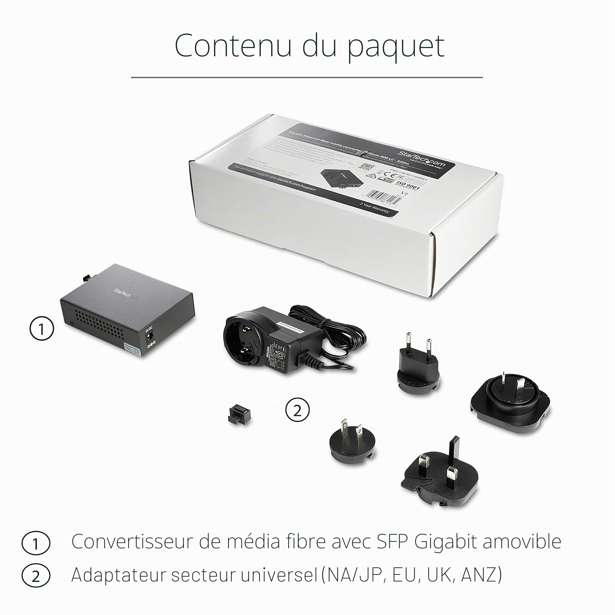 StarTech Convertisseur Fibre Multimode LC, 550m, Gigabit (MCM1110MMLC) | Media, 10/100/1000, 850nm, SFP inclus, Full duplex, Montage mural, Indicateurs LED