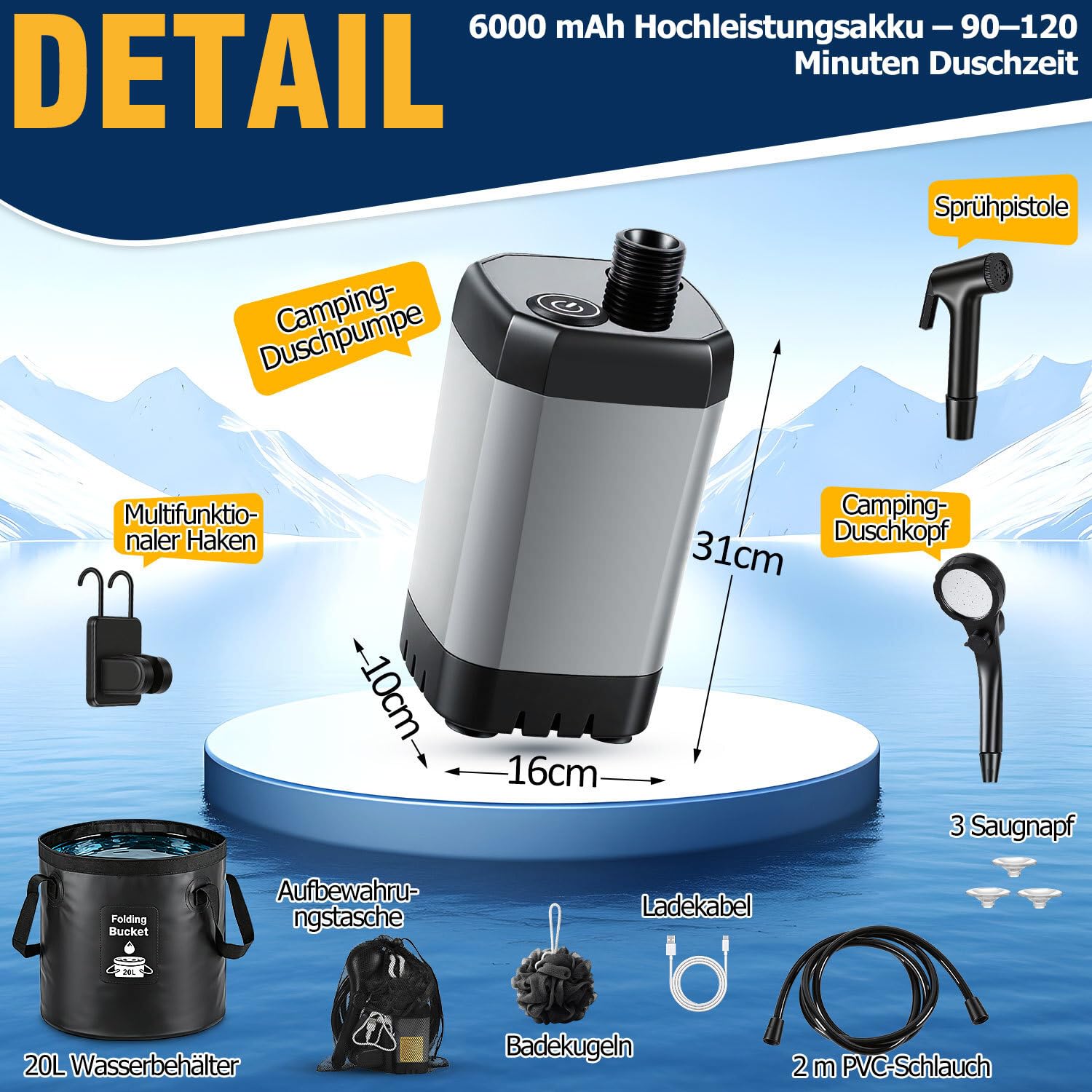 Ducha de camping portátil con bomba recargable de 6000 mAh, ducha de camping con cubo plegable de 20 L y accesorios para viajes al aire libre, jardín, lavado de coches, mascotas
