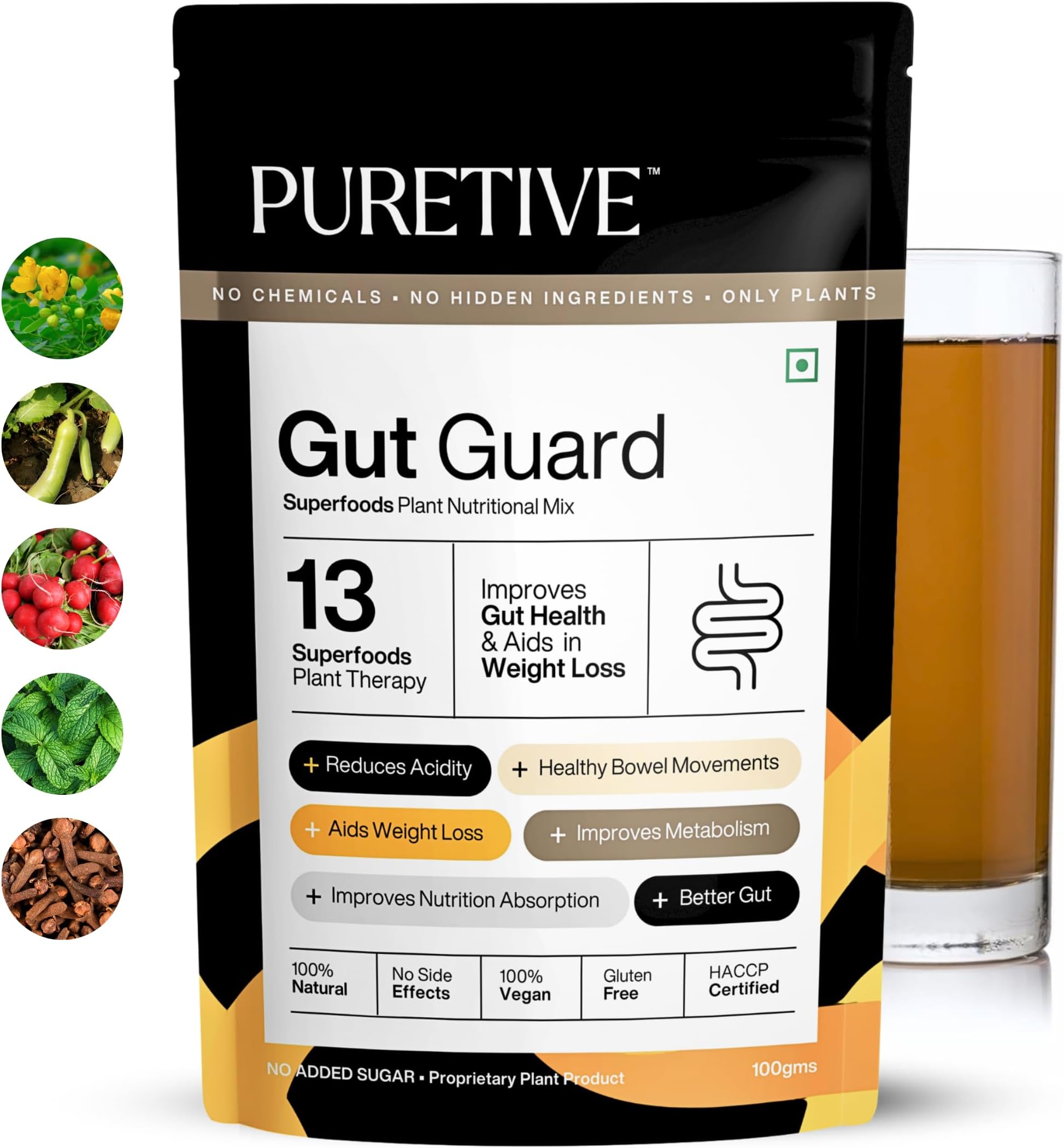 PURETIVE GUT GUARD | Superfoods Nutritional Mix | Gut Supplement for Strong Digestion, Acidity Relief, Immunity, Improves Metabolism | GUT Detox For Men & Women | 100% Pure Vegan | 100gms