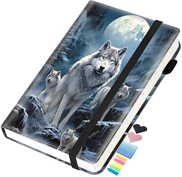 Journal Notebook, A5 Lined Notebook for Writing 200 Pages 100 GSM Thick Paper, Hardcover Leather Business Diary Notepad for Work and School College Ruled Notebook, Wolves Under The Moon