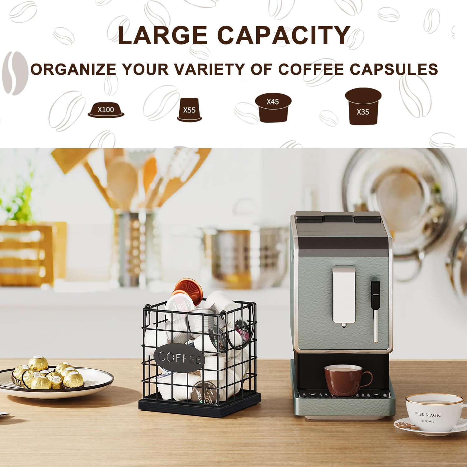 YINMIT K Cup Holder Organizer, Sturdy Coffee Pod Holder Organizer, 35 Kcup Large Capacity Storage Basket for Kitchen Counter and Office Desktop (Black-Square with Handle)