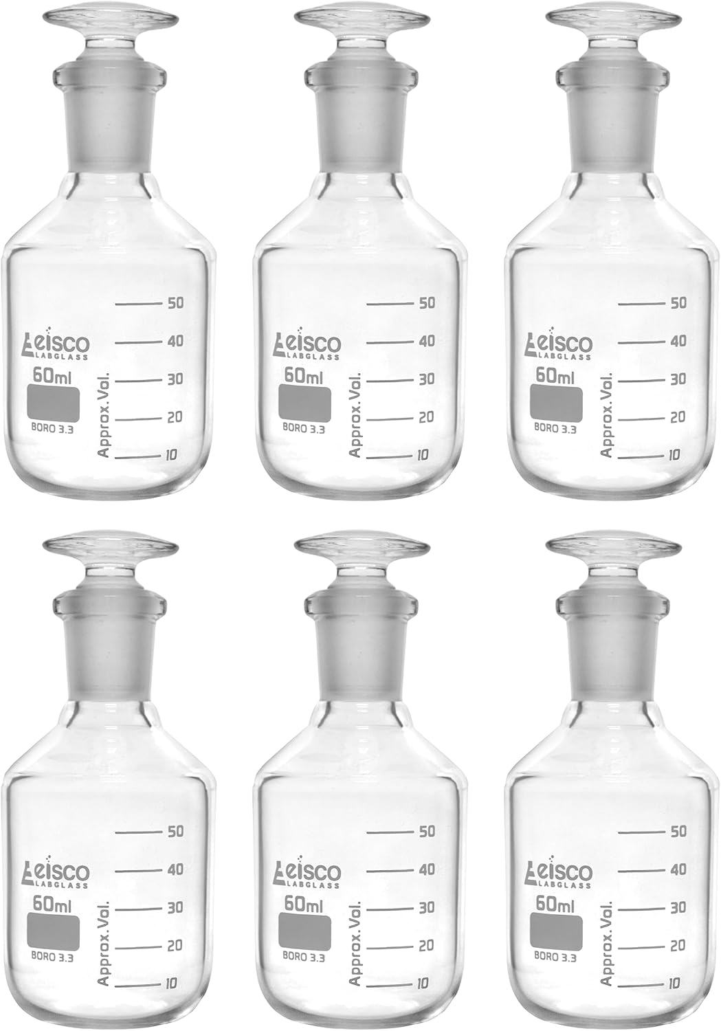 EISCO 6PK Reagent Bottles, 60mL - Graduated - Narrow Mouth with Solid Glass Stopper - Borosilicate Glass
