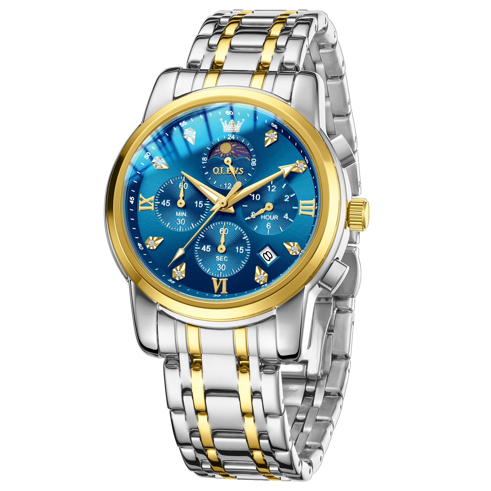 OLEVS Watches for Men Business Dress Multifunction Chronograph Analog Quartz Watch Luxury Diamond Stainless Steel Waterproof 30M Luminous Mens/Gentlemens Watch