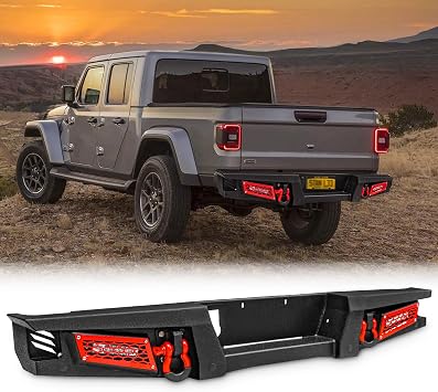 Rear Bumper Compatible for 2020 2021 2022 Gladiator JT Heavty Duty Carbon Steel Black Off Road Bumpers with 2 LED Work Lights, 4 Sensor Mounting Hole, Replaceable Mesh, D-Ring