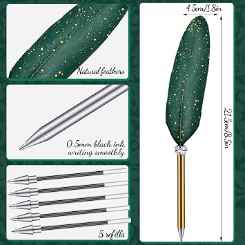 Gersoniel Feather Ballpoint Pen and Vintage Metal Pen Holder, Elegant Style, Atrovirens
