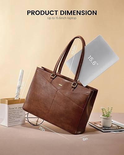 Miniatura 5 de LOVEVOOK Bolsa para laptop para mujeres, bolsa de mano para laptop de 15.6 pulgadas para mujeres, bolsas de mano de trabajo de cuero vintage para