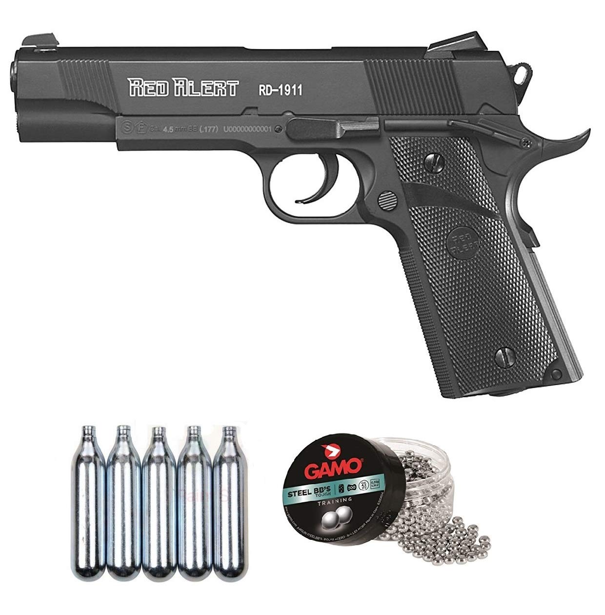 Pack Pistola de perdigon Red Alert Rd-1911 co2 Cal.4.5mm + 5 Botellas co2 + 1 Lata perdigones Gamo Steel BB'S 4.5mm (500 Bolas de Acero)