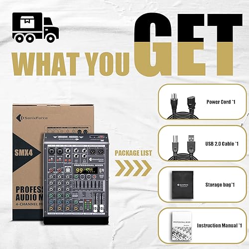 Miniatura 8 de Mezclador de audio de 4 canales, consola de tablero de sonido 99 DSP con alimentación Phantom de 48 V, mezclador DJ profesional para podcasting,