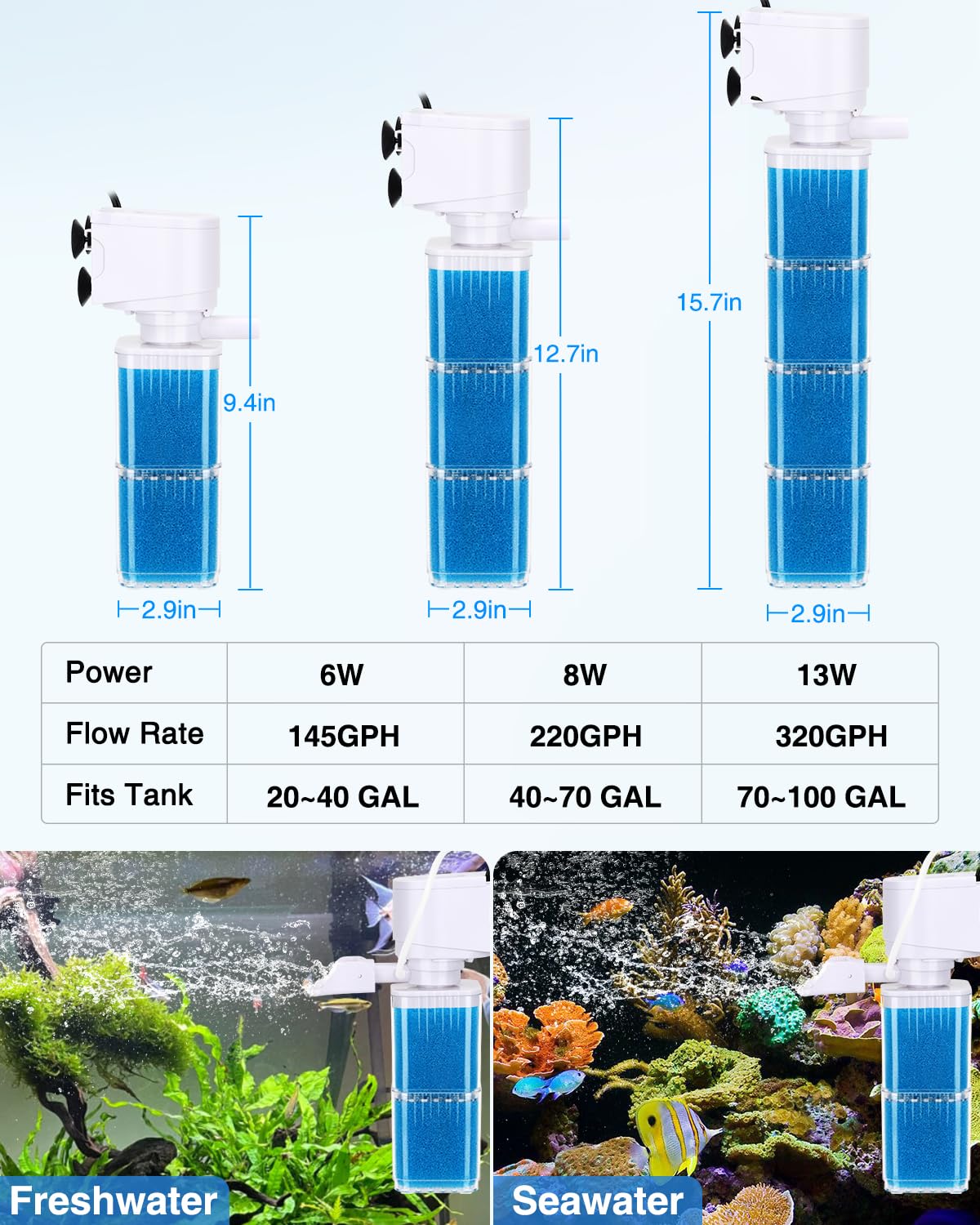 fishkeeper Aquarium Filter, 15W Adjustable Flow 1000L/H Aquarium Pump with Filter, Triple Clean Aquarium Inner Filter for Small Aquariums up to 300L