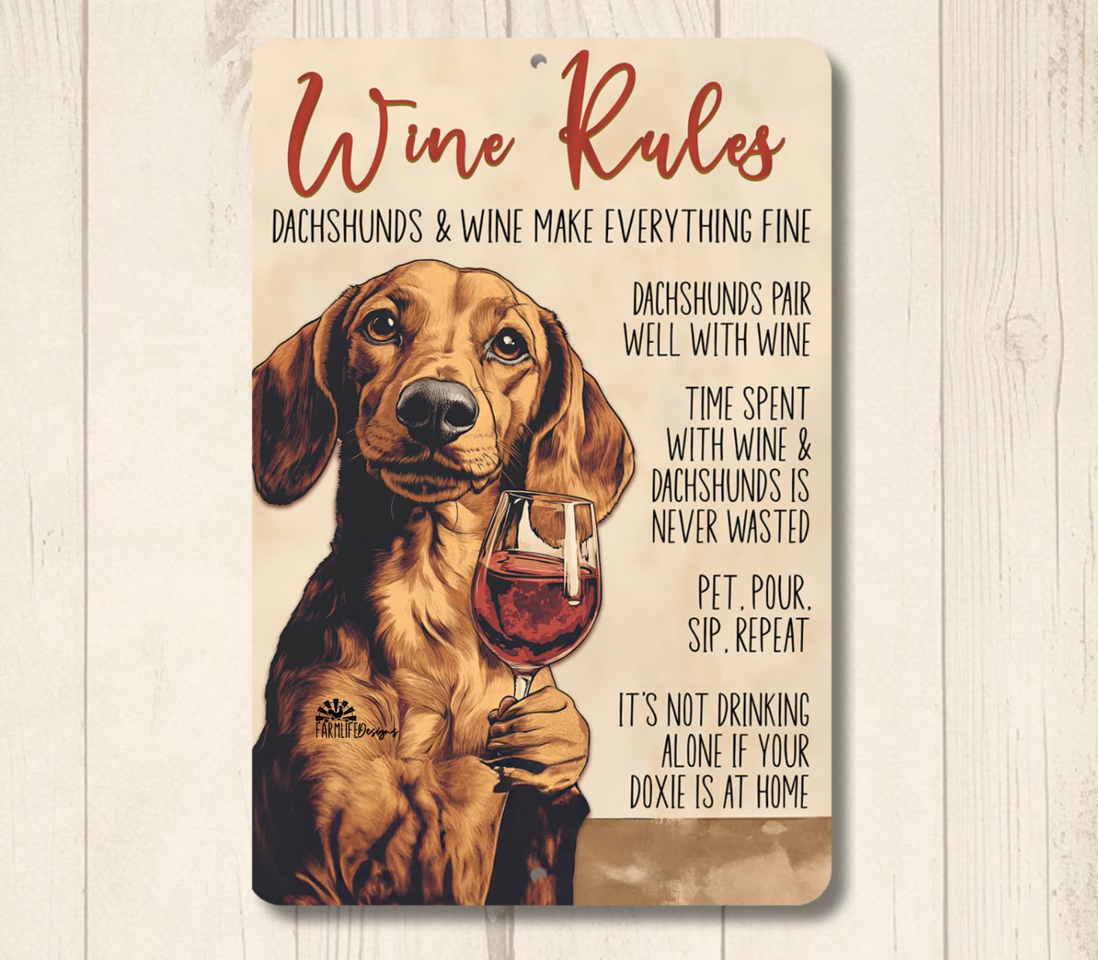 Dachshund Wine Rules Sign bar metal tin funny wiener dog decor doxie wall art home decor