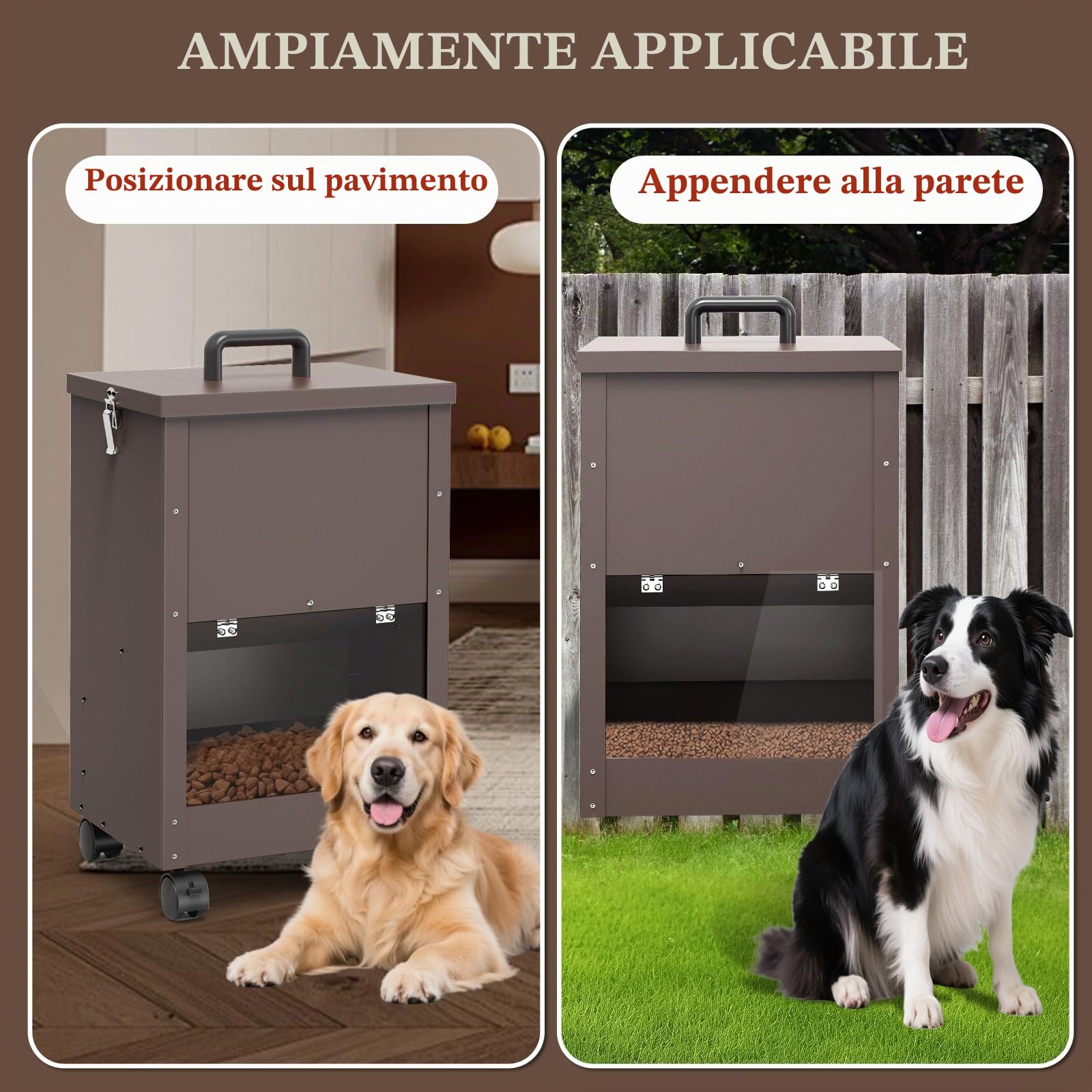 Alimentatore Automatico Per Cani Galvanizzato Per Razze Di Grandi Dimensioni, Distributore Di Cibo Per Cani Da 40L Con Ruote Per Grandi, Alimentatore A Gravità Per Cibo Per Metallico Brun