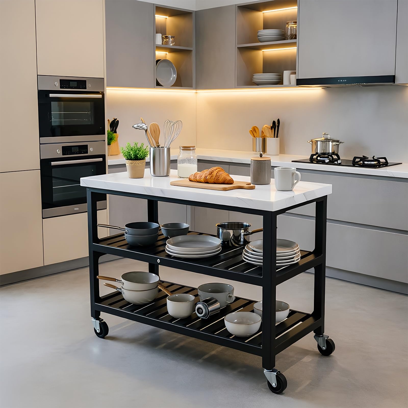 Zf9tBw5sH Unità cucina ad isola Carrello for isola da cucina con rotelle multiuso in metallo a 3 livelli piano in pietra e ruote
