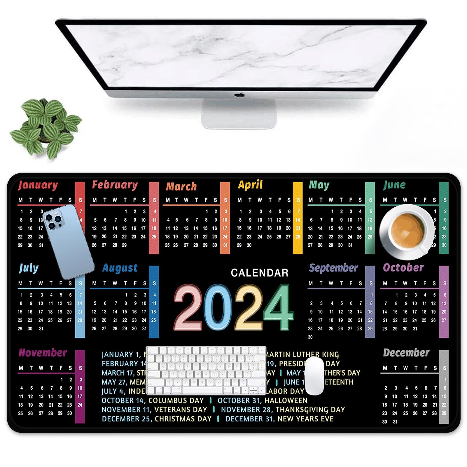 Arttown 2024 Office Year Calendar Mouse Pad Large Gaming Mat Non-Slip Desk Pad Keyboard and Mouse Desk Mat for Gamer, Office & Home, 31.5 x 15.7 in