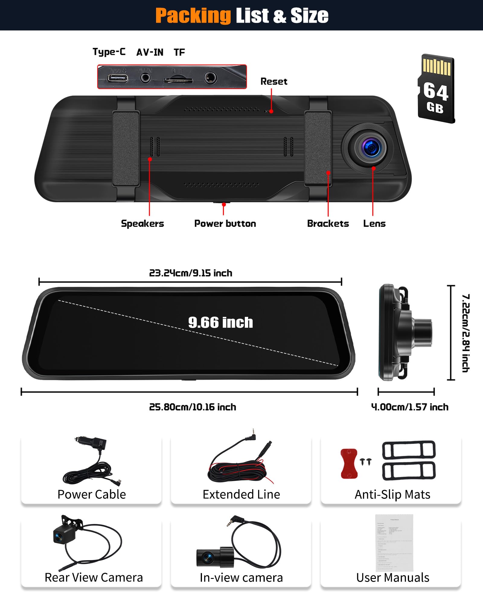 CAMECHO 9.66 Pollici 2K Mirror Dashcam Auto con 2 Telecamere 1080P, Anteriore 150° e Posteriore Dash Cam 120° con Linea inversa, Visione Notturna, Sensore G, Scheda da 64 GB WIFI APP