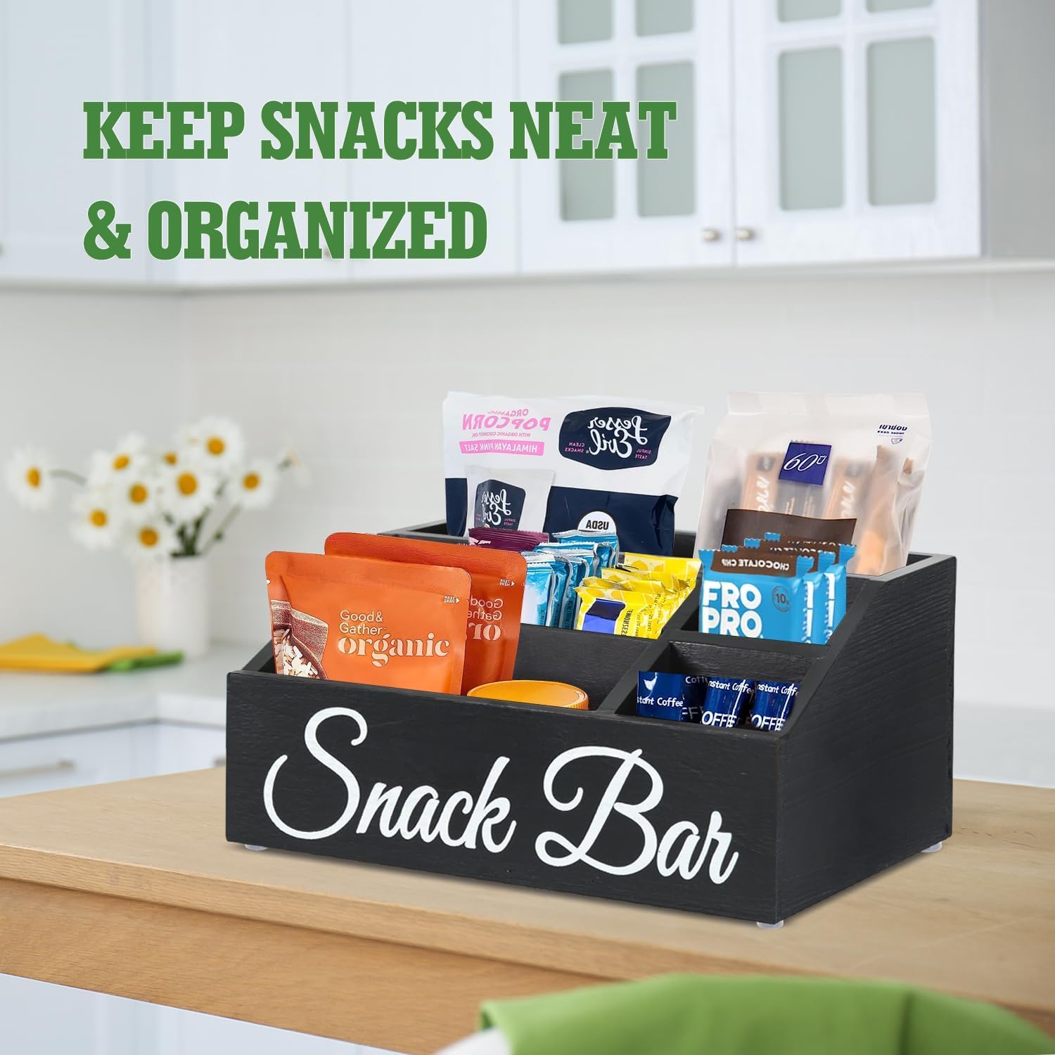 Snack Organizer for Countertop, Wooden Snack Tray and Food Storage Bins, Large 5-Compartment Snack Basket for Pantry, Kitchen Cabinet Pantry Organizer and Storage Bins for Packets - Image 4