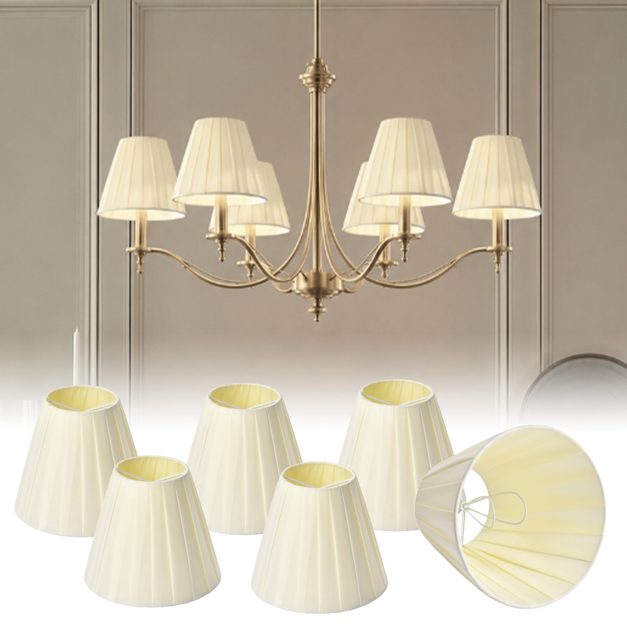 Clip On Chandelier Shades Set of 6, Cream Beige Pleated E14