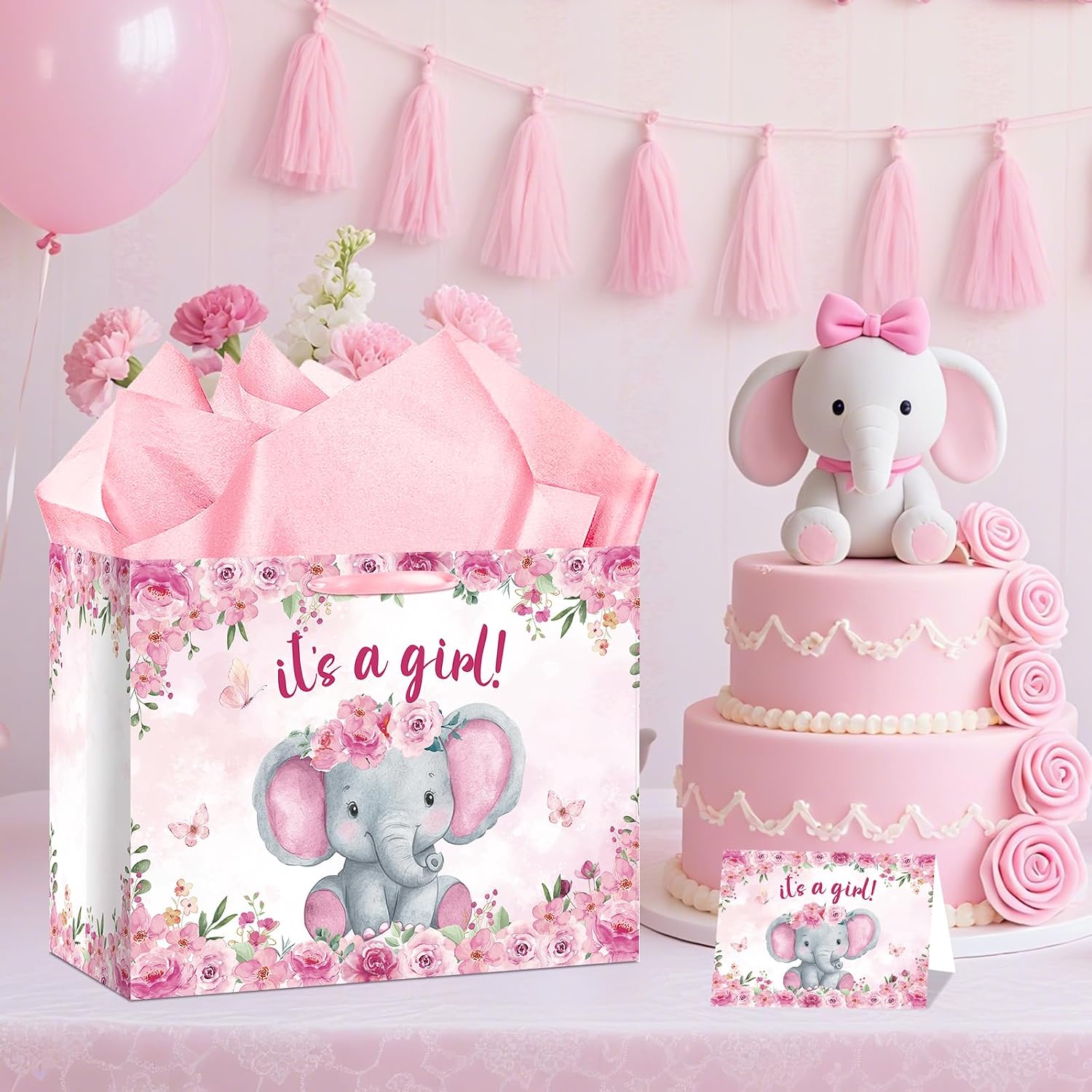 Pink Baby Shower Paper Bag for Girls Elephant Gift Bag with Card Tissue Paper Watercolor Elephant Baby Shower Decorations for Christmas Baby Girls Birthday Party Gender Reveal Favors Decorations Supplies image 2