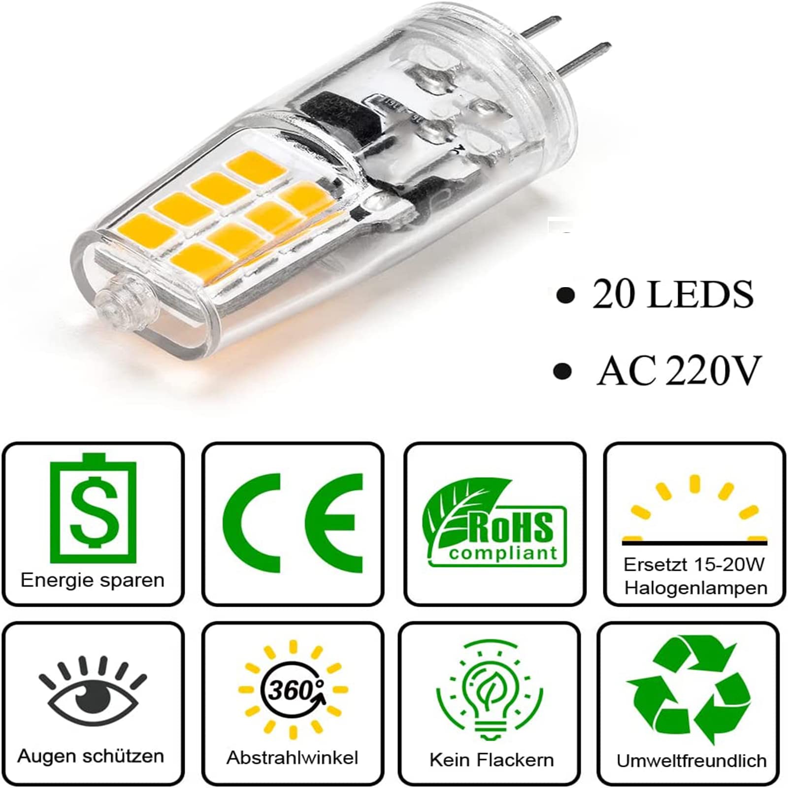 G4 LED Lampen, 2W G4 LED Birnen, Warmweiß 3000K, Ersatz für 20W Halogenlampen, Kein Flackern Nicht Dimmbar 360° Lichtwinkel, 12V AC/DC, 30er Pack [Energieklasse E]