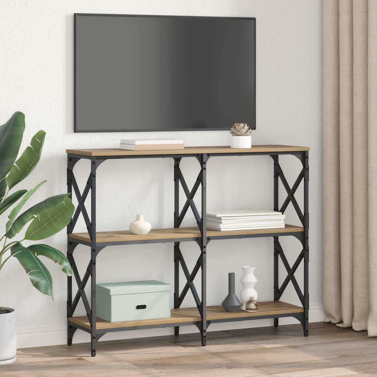 Générique Nowoczesna konsola stołowa 100x28x80 cm, drewno inżynieryjne dąb, półki do przechowywania, solidna stalowa rama, metalowe nóżki, ręczne poziomery