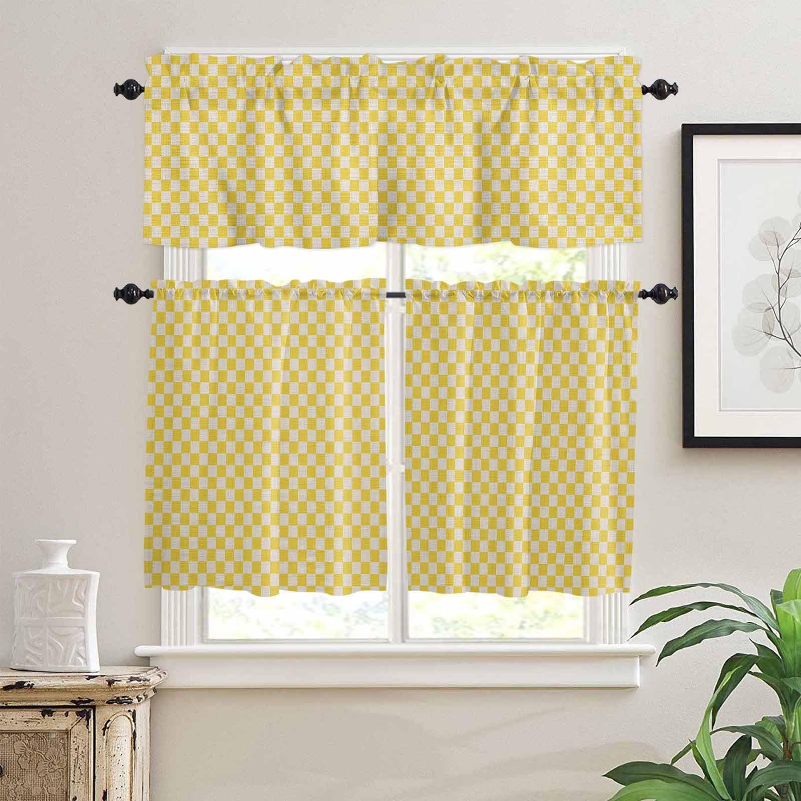 Yellow Plaid Kitchen Curtains 24 Inch Length, 3 Piece Rod Pocket Small Half Tiers and Valance Set, Modern Geometric Checkered on Linen Small Large Window Treatment Decor for Bedroom/Bathroom Sink