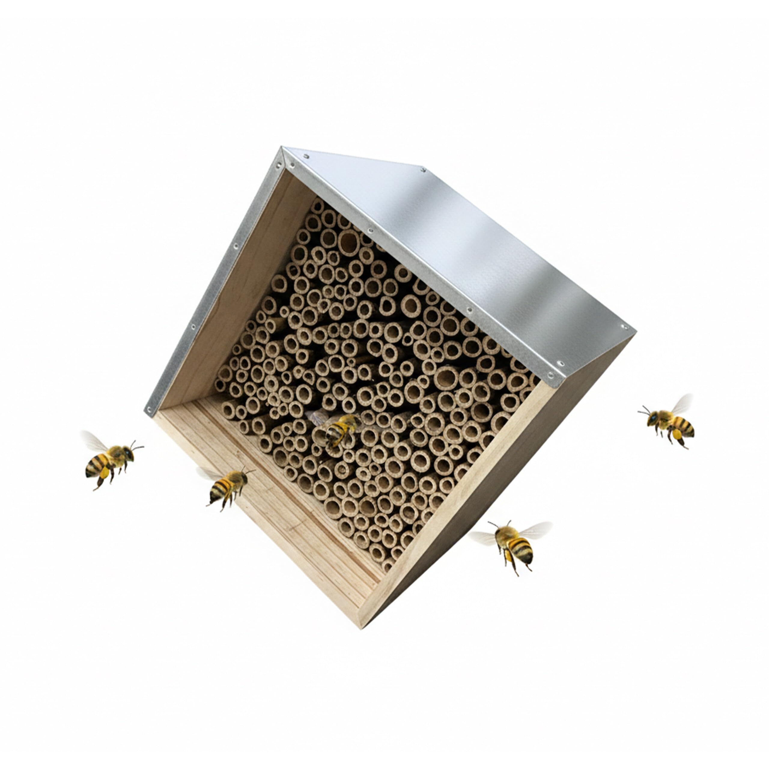 Relaxdays Natural/Silver Bee Hotel With Bamboo Tubes, Weatherproof Metal Roof, Hanging Insect Hotel, 31.5 X 31.5 X 20 C