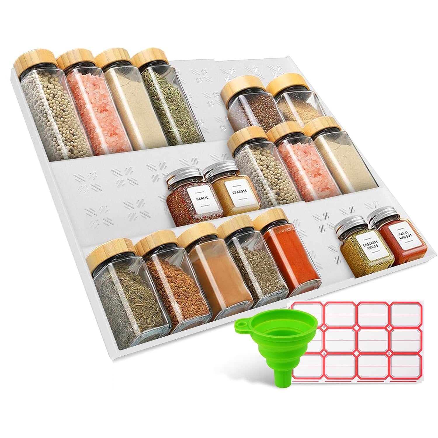 Cinimy Spice Drawer Organiser - 3 Tier Expandable Spice Rack Insert for Drawers, Kitchen, Countertops, Cabinet, Adjustable Seasoning Jars Holder with 60 Labels & Silicone Funnel, No Jars, White