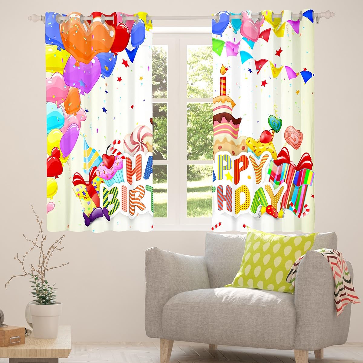 Zasłony tematyczne Happy Birthday do sypialni salonu dziewczyny dzieci szer. 46 x dł. 54 nadruk balonowy 30%-50% zasłony zaciemniające ciasto kolorowe zasłony okienne białe dekoracje okienne