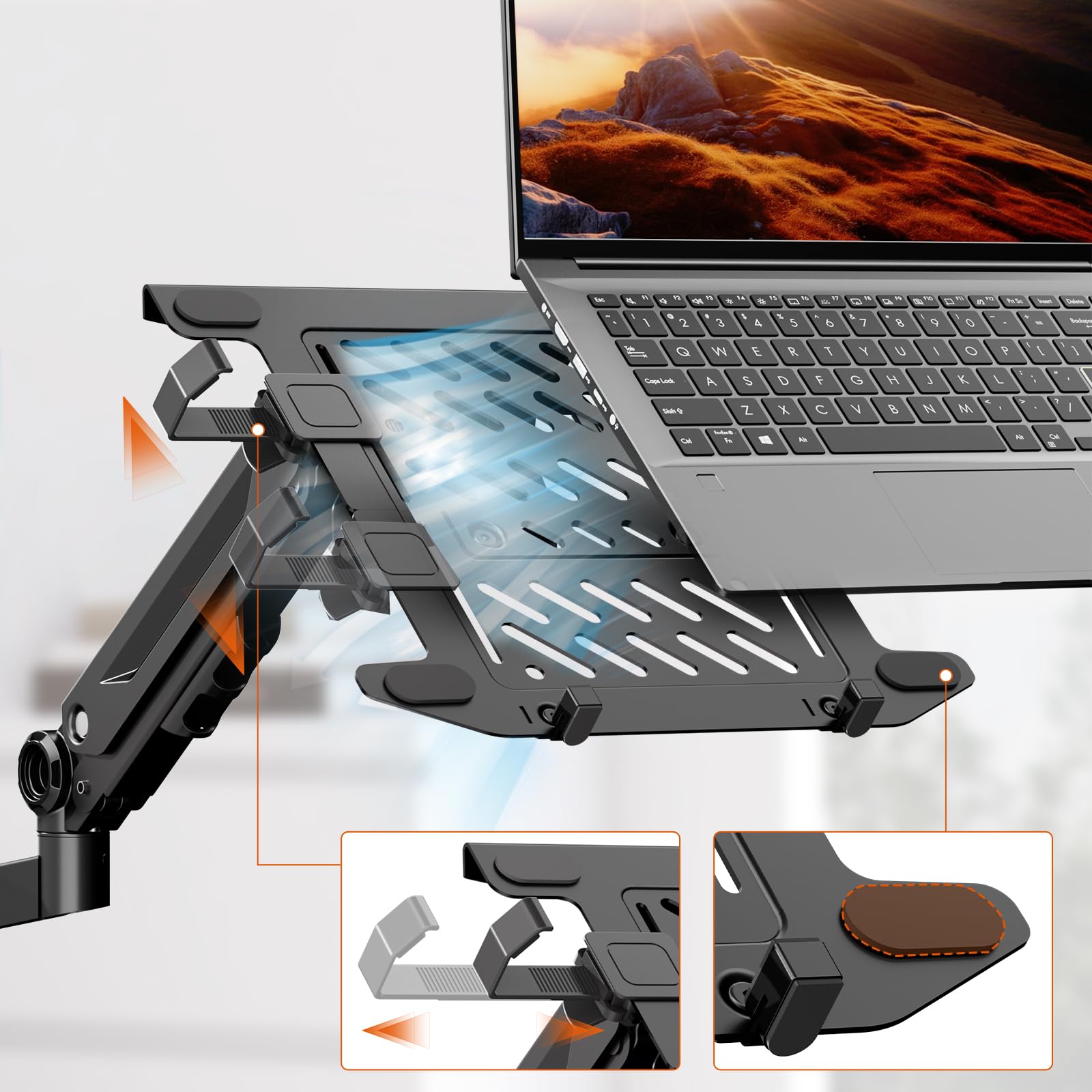 PUTORSEN Supporto da parete per computer portatile 2 in 1, braccio con molla a gas per notebook da 10-17 pollici e schermo da 17 a 40 pollici, movimento completo, supporta 1-12 kg (nero)