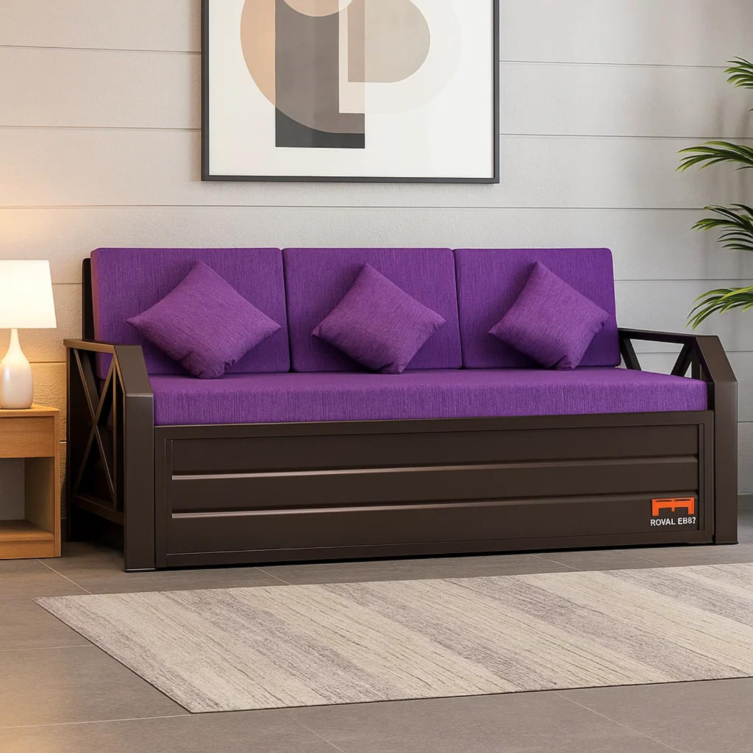 ROYAL BED MANUFACTURER King Size 6X6 Metal Sofa Cum Bed with Hydraulic Storage - 3 Seater Purple Fabric (Matte Finish, Brown)