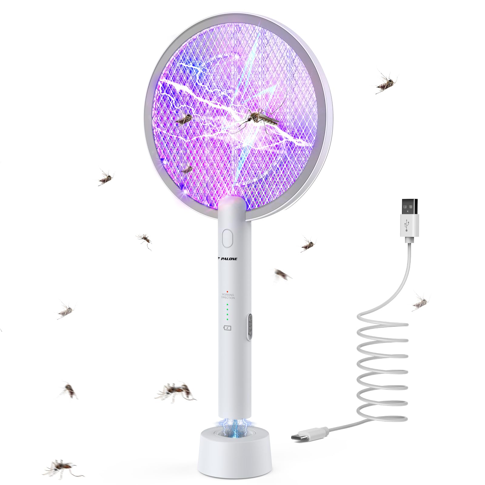 PALONE Elektrische Fliegenklatsche Insektenvernichter, 4000V Elektro Mückenklatsche UV Mückenlampe Mücken, 2 in 1 USB Elektrischer Fliegenfänger Insektenfalle mit Ladebasis