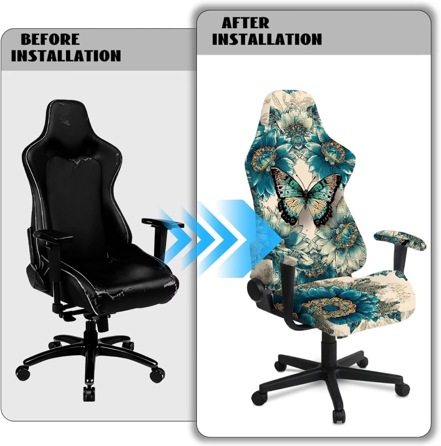 Gaming Chair Covers with Armrest Covers Bohemian Green Flower Butterfly Print Computer Chair Slipcovers Stretch Elastic Swivel Armchair Protector Home Docor
