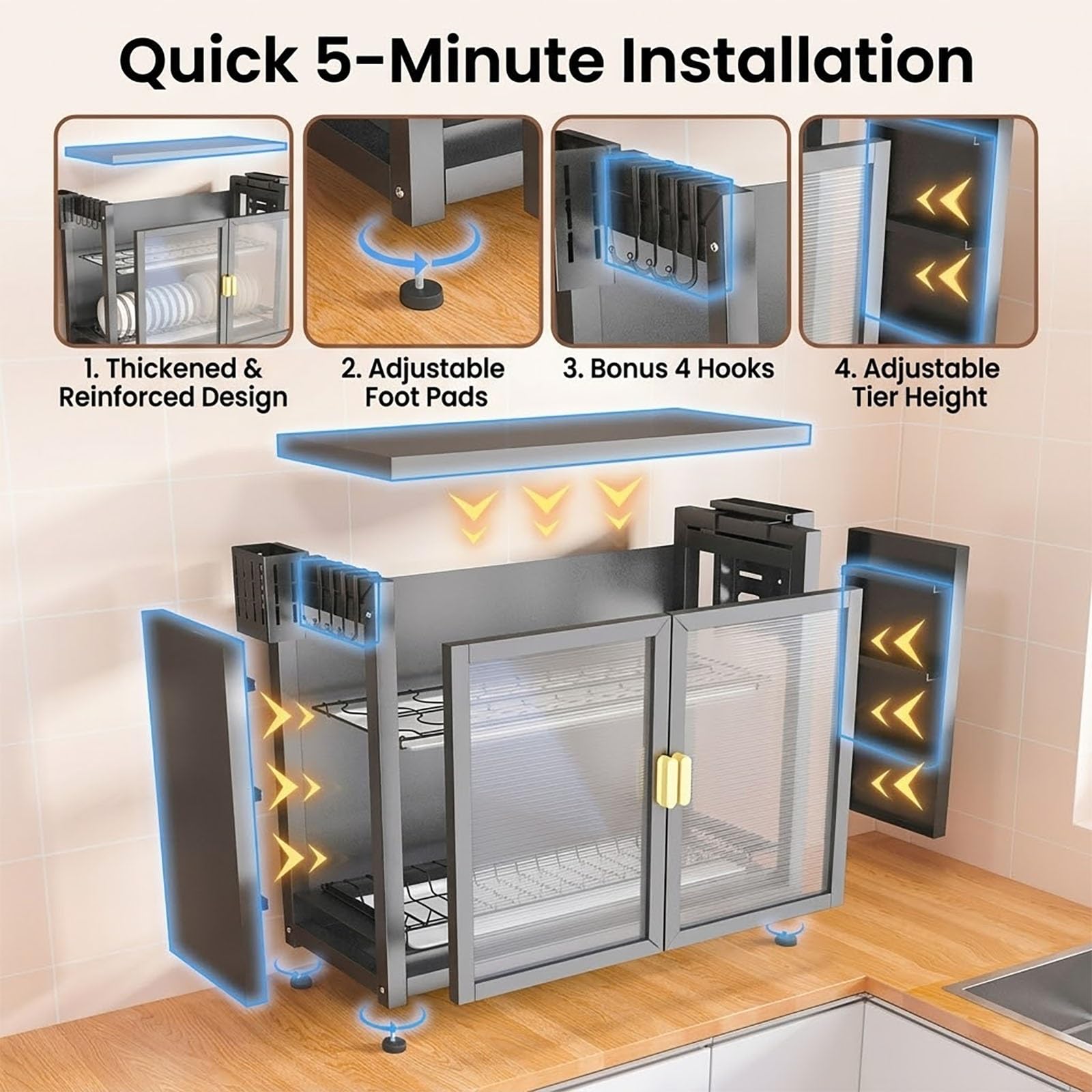 Égouttoir à vaisselle à 2 niveaux peu encombrant avec couvercle – Égouttoir à vaisselle et plateau d'égouttage pour cuisine (blanc, 44,5 x 28 x 60 cm) – Solution de rangement efficace pour la
