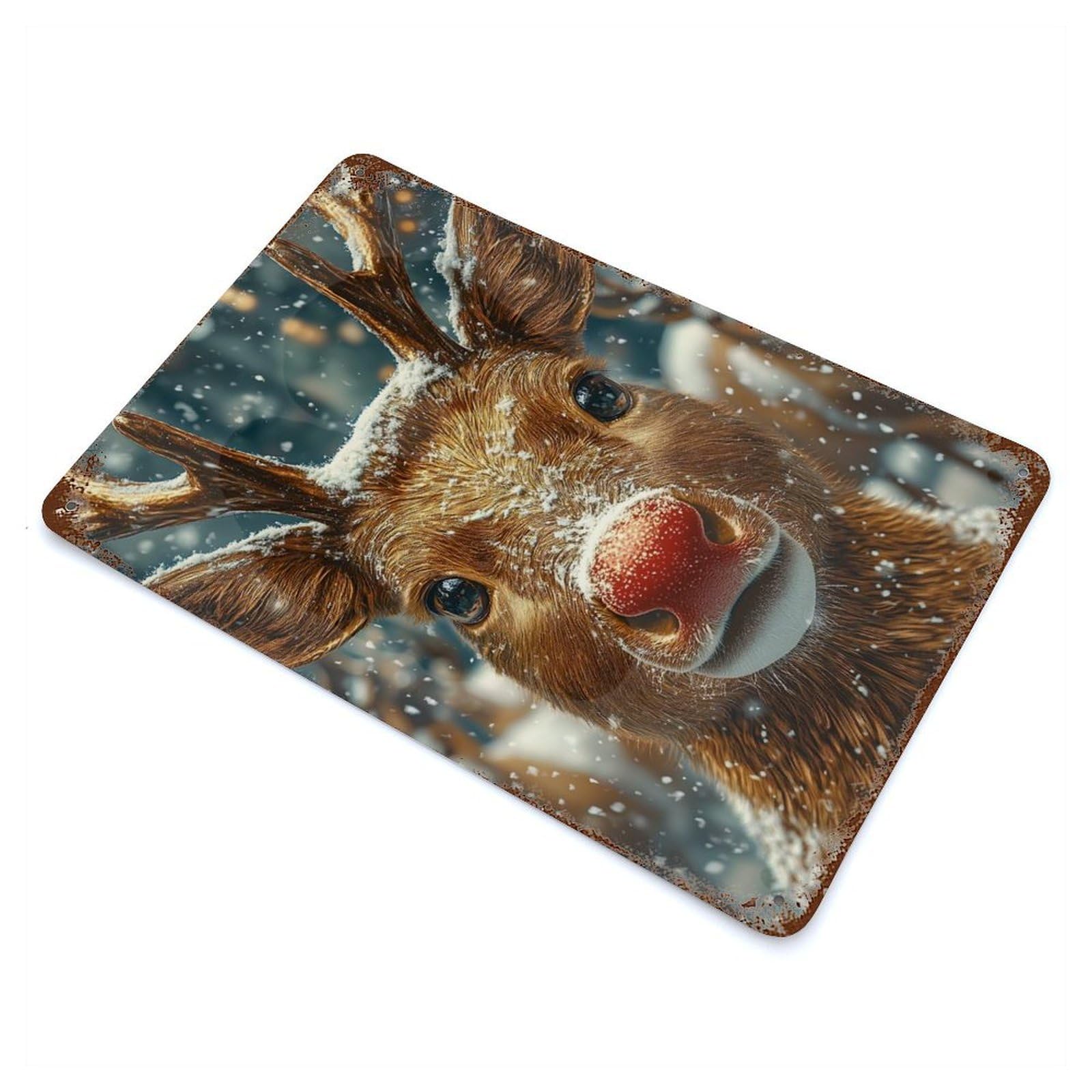 Reindeer with Red Nose Vintage Rust Metal Sign 11.8"x7.9", for Basement, Hobby Room And Garage Decor, Farmhouse Wall Decor