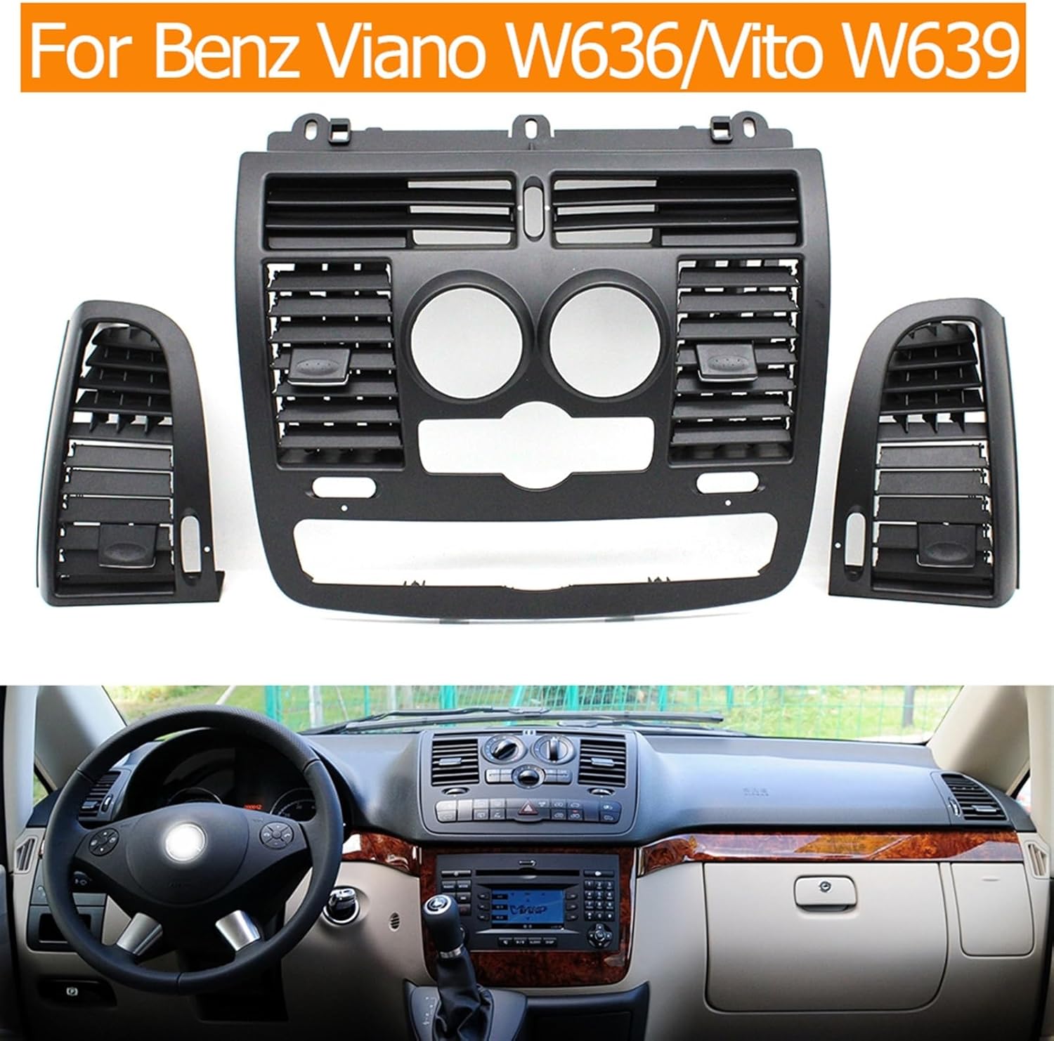Interior Car Dashboard Central Left Right Air Conditioner Ac Vent Grille Cover Compatible With Mercedes Benz Vito Viano W636 W639 2004-2015(Model B 3PCS SET)