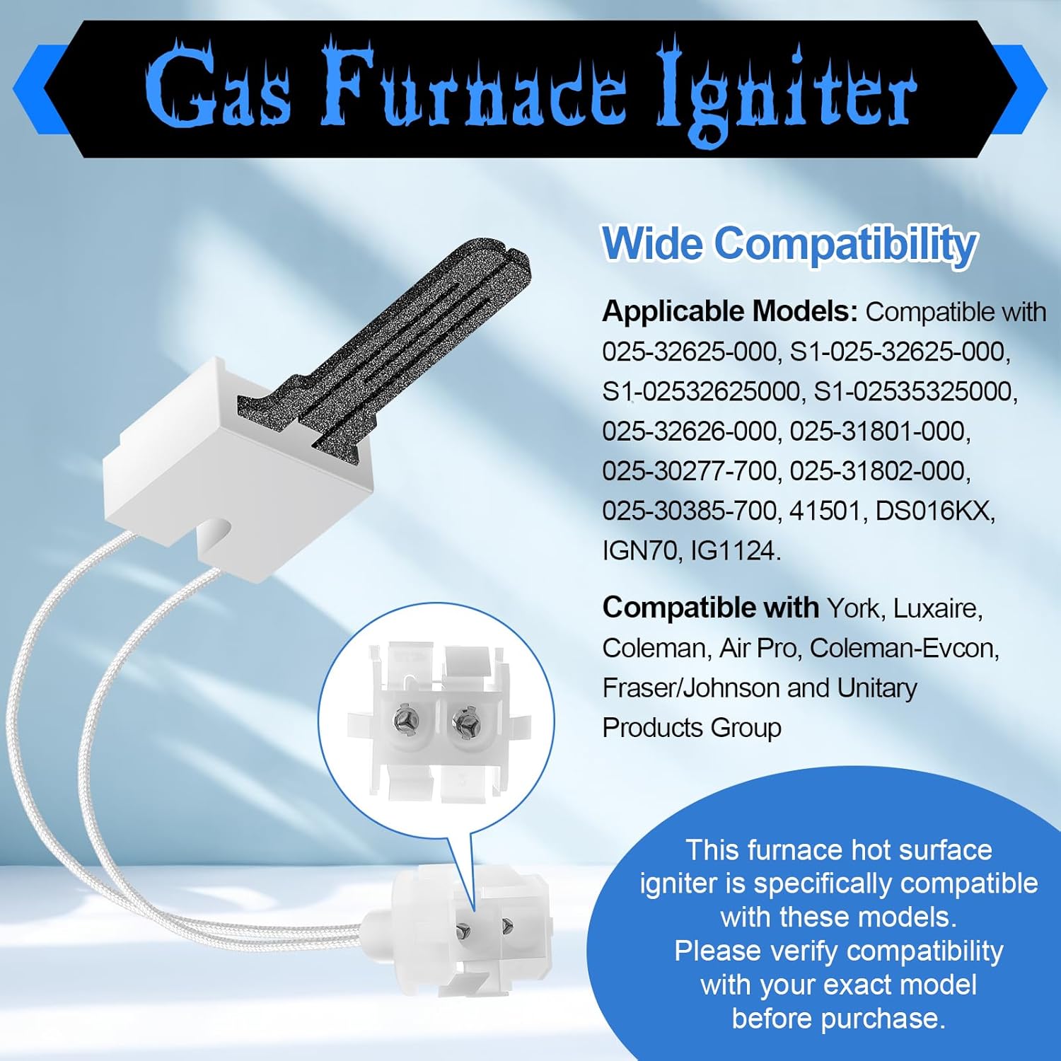 Dreyoo 2 Pack Gas Furnace Igniter Replacement, Compatible with York/Luxaire/Coleman Air Pro/Coleman-Evcon 025-32625-000 S1-025-32625-000/Norton-271N, Flat Style Hot Surface Ignitor