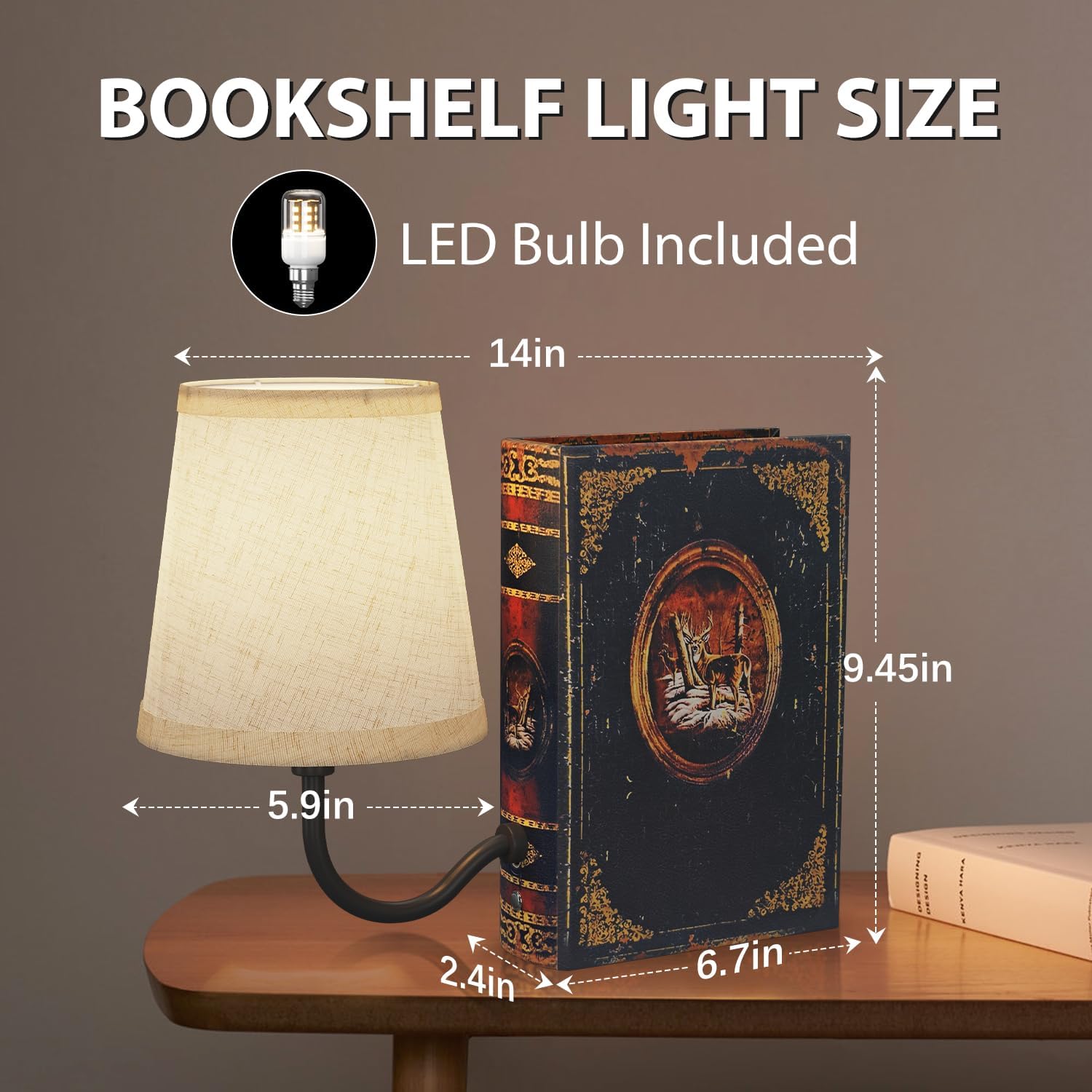 Vintage Bookshelf Lamp Rechargeable, Cordless Book Lamp with Linen Shade, Dimmable Touch Control Table Lamp, Modern Decorative Bookend, Bookshelf Lights for Office Home, Library, Study