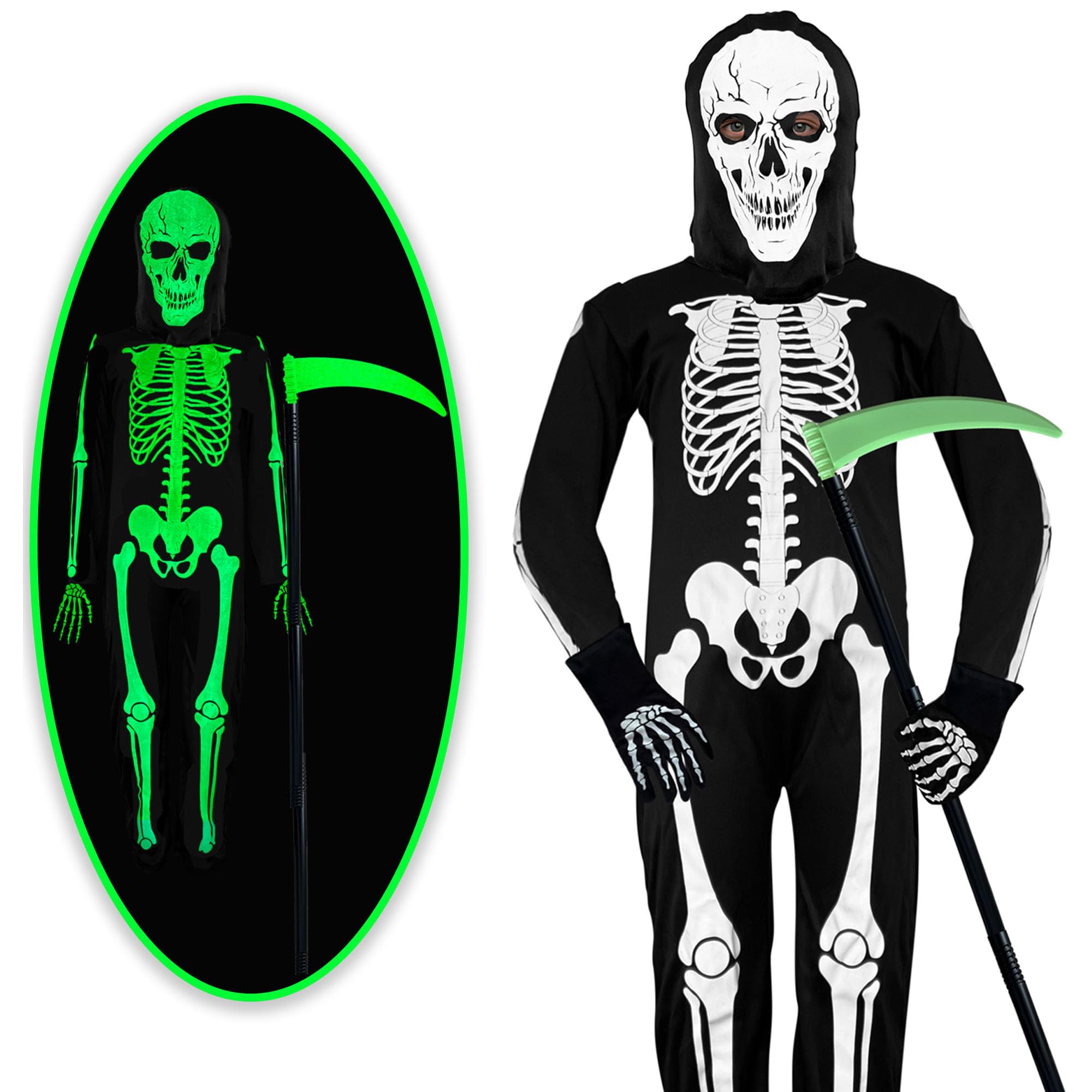 Blue Planet Fancy Dress Childrens Kids Boys Girls Skeleton Costume and Scythe Weapon Glow in the Dark Halloween Skeletons Costumes (Large (10-12 Years))