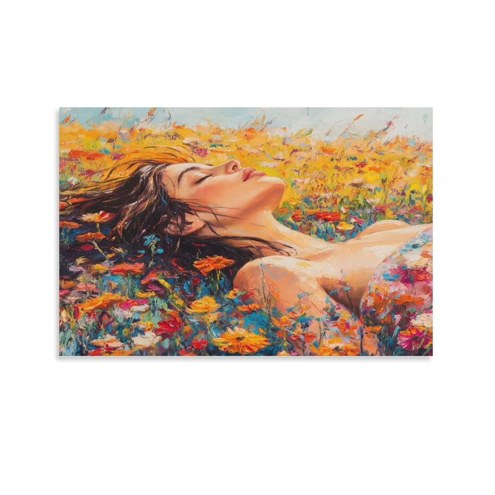 CPLVKWRQJ Woman in Flower Field Single Girl Canvas Wall Art - Gift for Her/Him Living Room Focal Point Ready to Hang Decor 20x30inch(50x75cm)