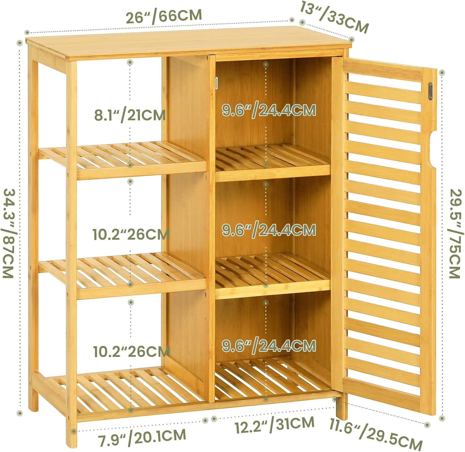Diagram showing the dimensions of the VIAGDO Bamboo Storage Cabinet