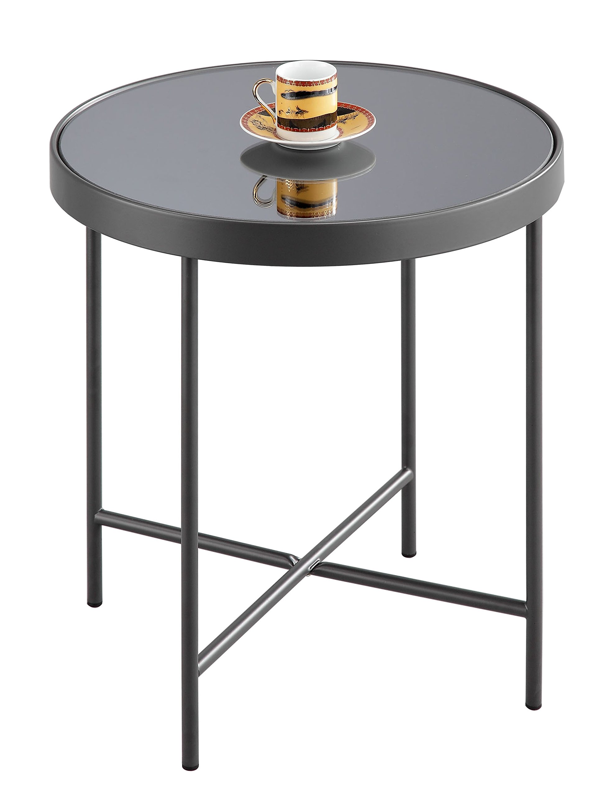 A ASPECT FINO Glass Round Side Table/Coffee Table/End Table/Lamp Table (42.5 diax46cm, Anthracite/Grey Mirror)