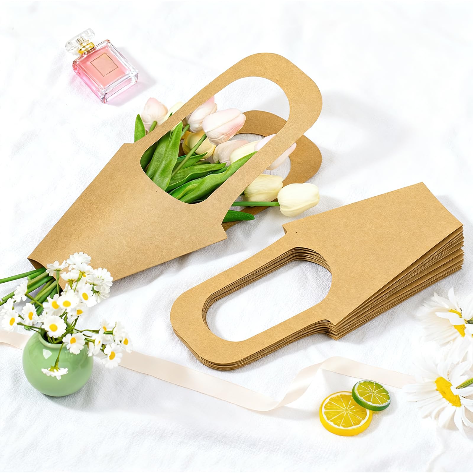 Lot de 100 Sacs pour Bouquets en Papier Kraft avec Poignées, 35x19x7,5cm | Sacs d’Emballage Fleurs pour Fleuristes, Cadeaux, Compositions Florales, Mariages, Saint-Valentin et Fête des Mères