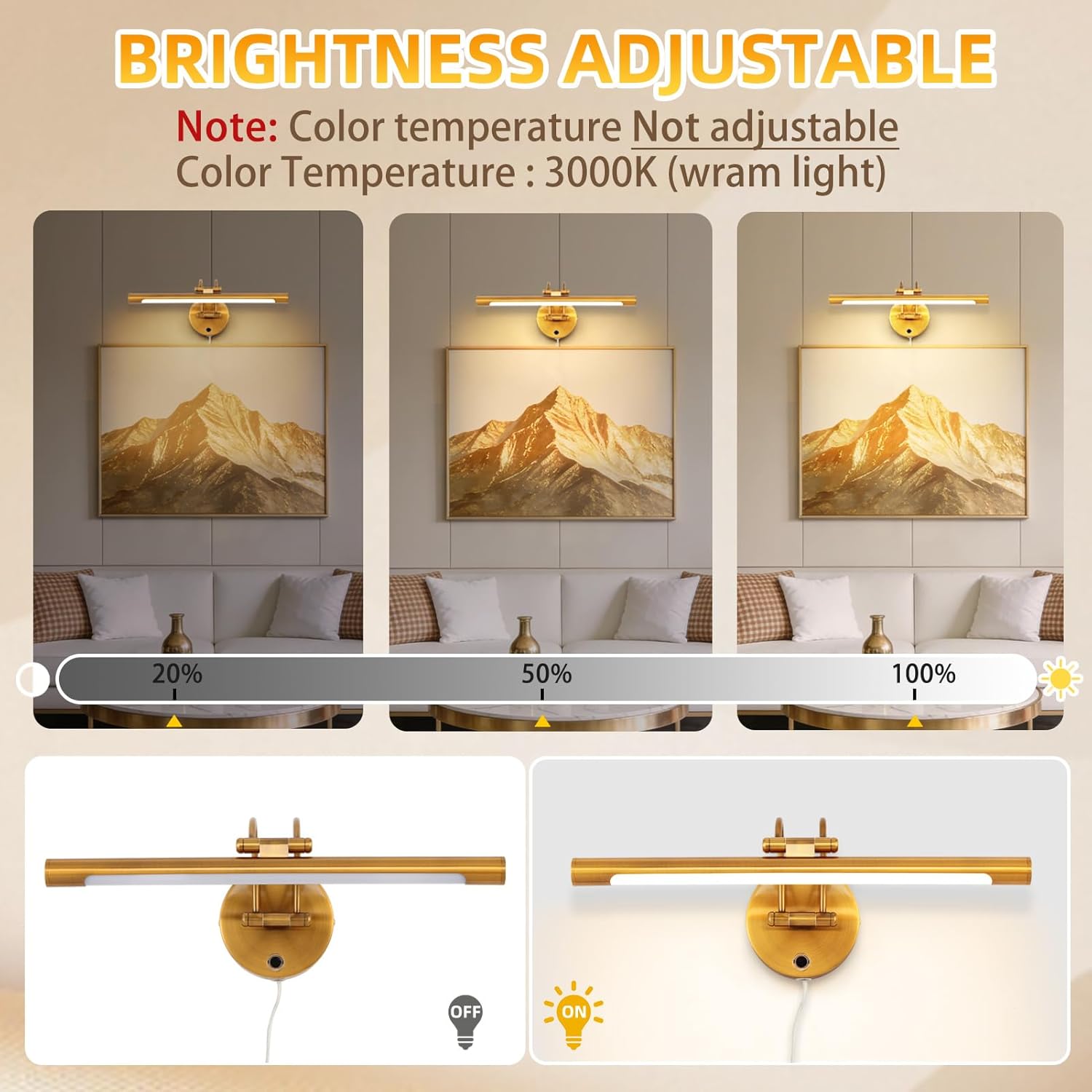 40cm Bathroom Vanity Light 15.7" Picture Light,Plug in,Led,8W Wall Lights for Paintings,3000K,CRI90+,Touch Dimming,Rotatable Poster Lights for Display,Cabinet,Art Work,Gallery(Brass-Color)