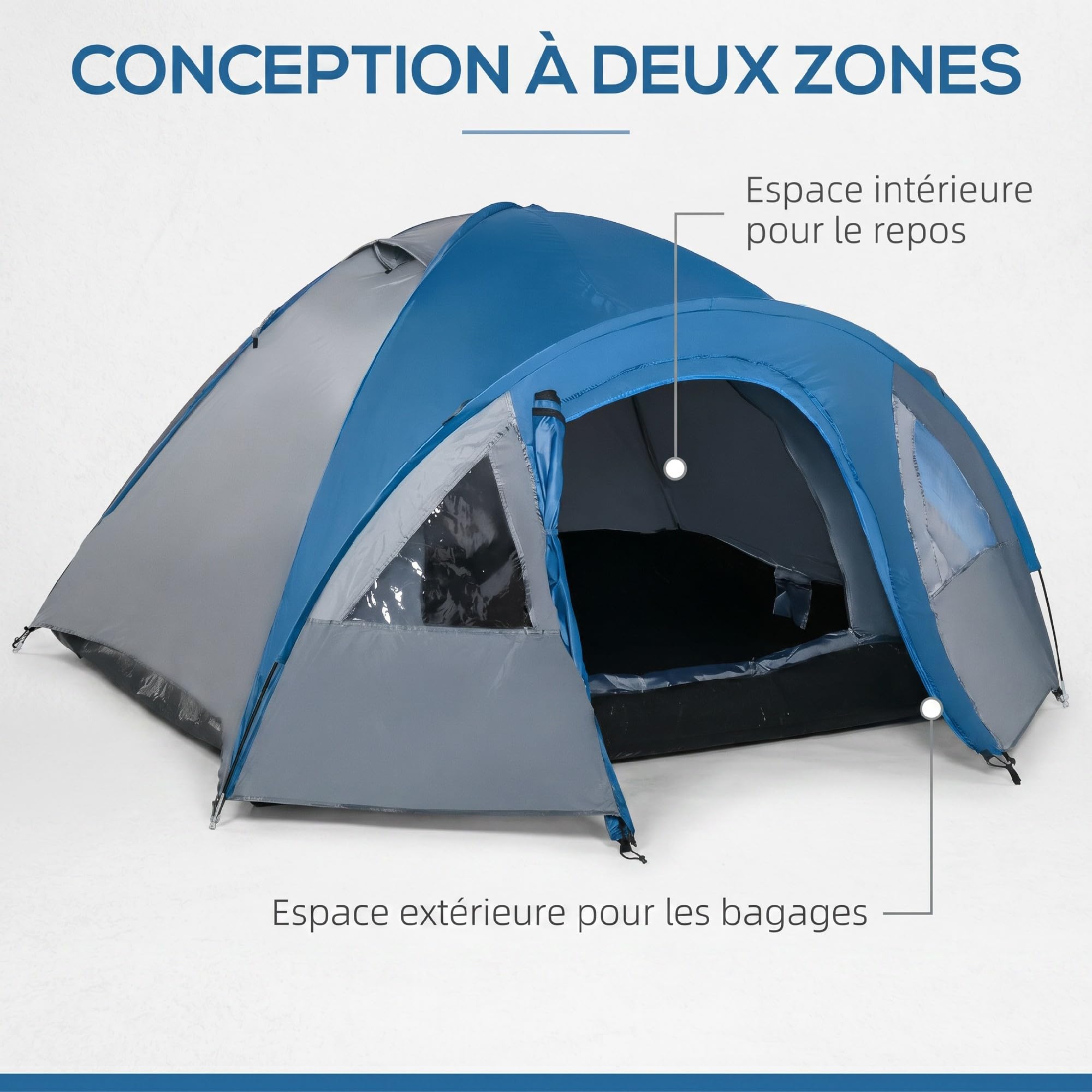 Outsunny Tente de Camping familiale 3 Personnes, légère, étanche, ventilée | Double porte et fenêtres, facile à installer, tente dôme en fibre de verre polyester 3L x 2,50l x 1,30H m, bleu marine